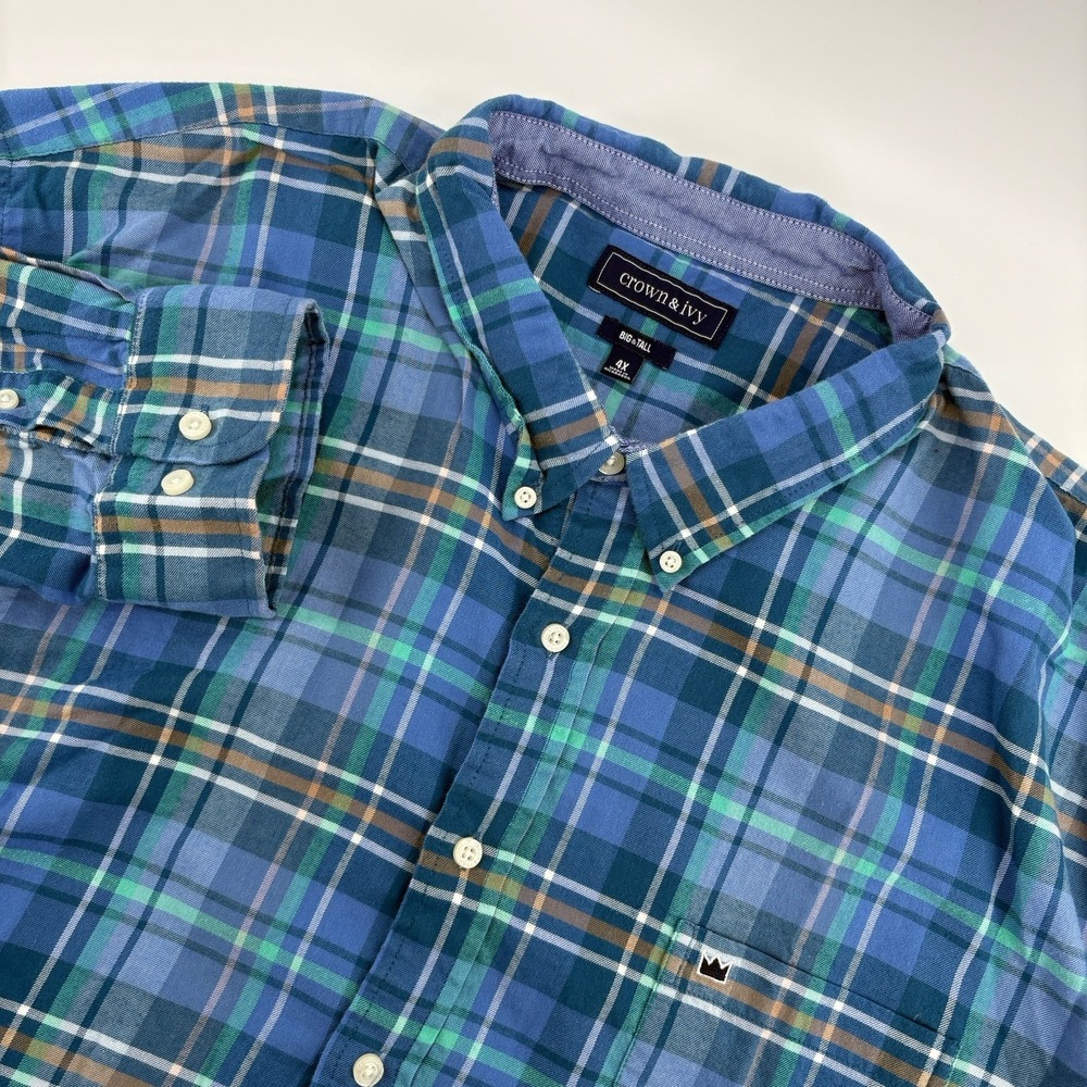 Crown & Ivy Mens 4X Big‎ and Tall Long Sleeve Button Down Blue Plaid